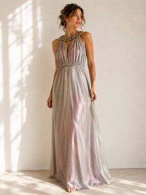 JS Collections Goddess Maxi Dress Size 12 Iridescent Beaded Halter Formal Gown